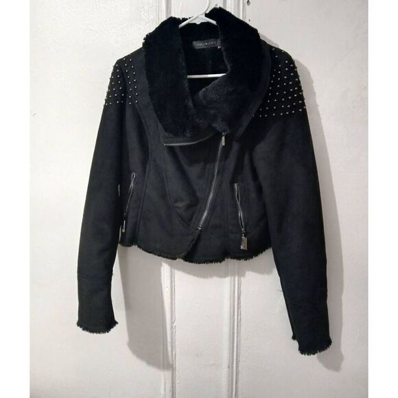 Stella Jamie womens large fleece lined  black faux suede jacket studded - Picture 2 of 6